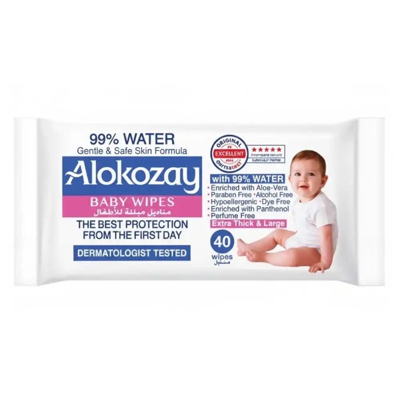 Alokozay 99percent Water Gentle and Safe Skin Formula Baby Wipes- 40pcs